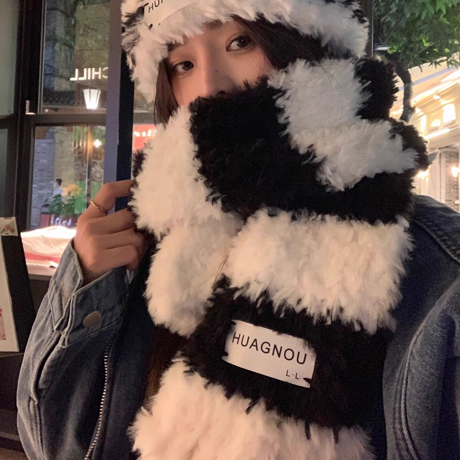 可爱毛绒围巾手工diy编织材料包粗毛线团黑白条纹帽送男女友礼物