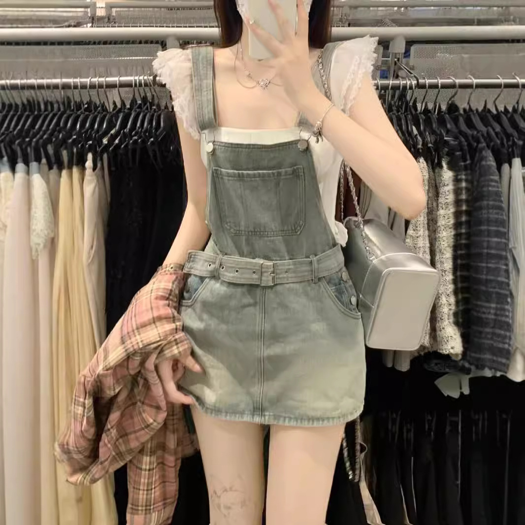 夏季短裙子a字新款显瘦修身遮胯包臀女连衣牛仔小个子背带裙裤潮