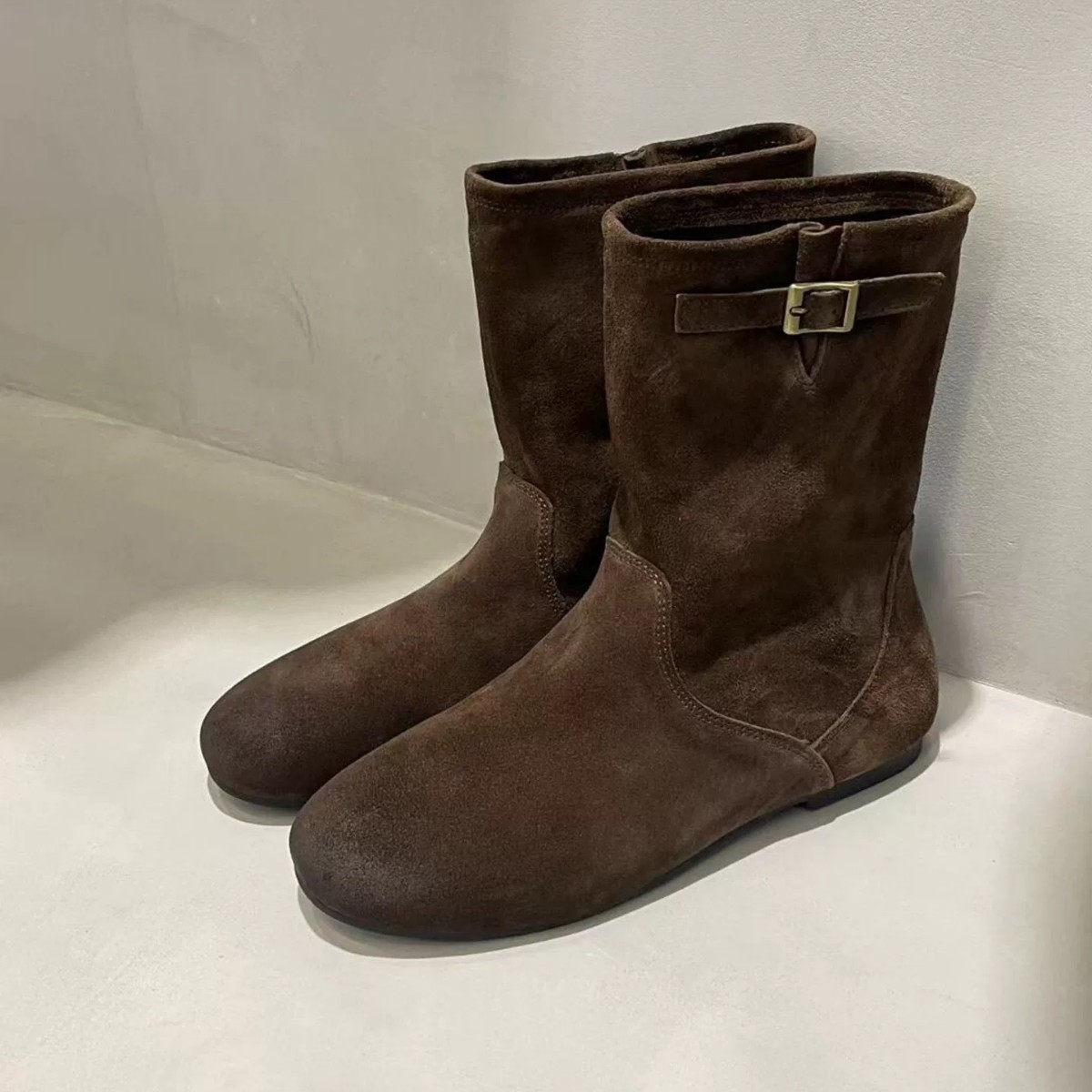 羊皮版~复古百搭内圆头西部牛仔靴女秋冬季瘦瘦靴短靴马丁靴