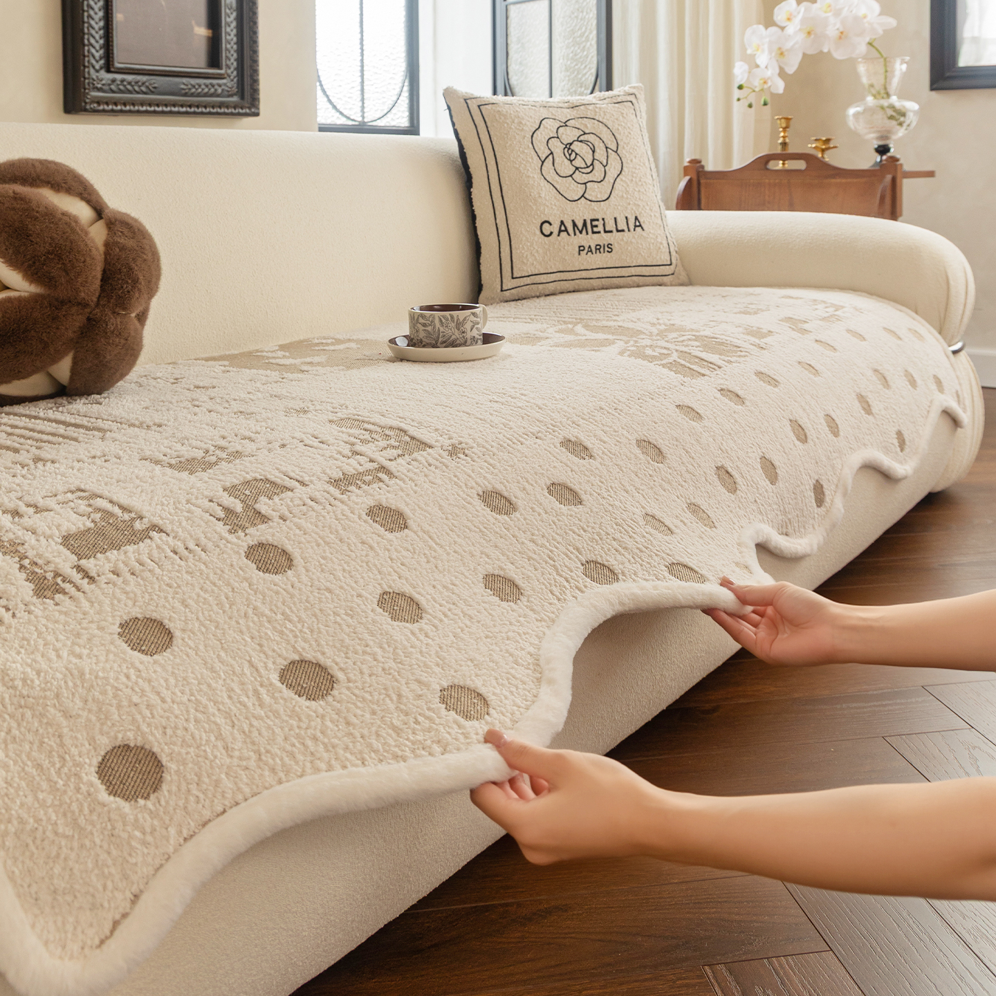 LANSWE/浪莎异形墨韵半边绒沙发垫子轻奢高级感防滑沙发坐垫盖布