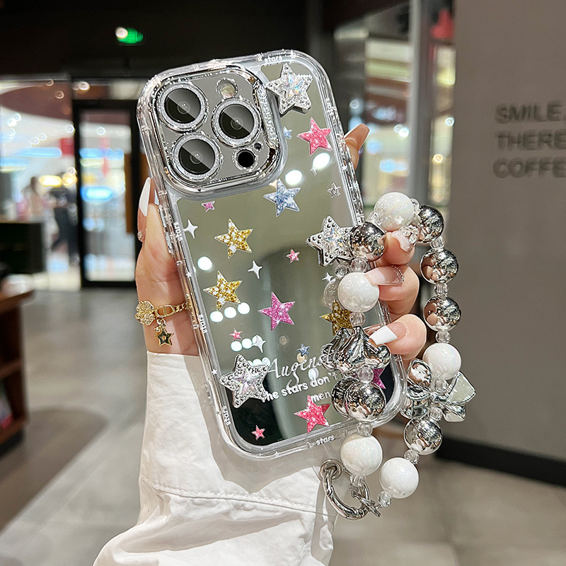 星星镜面适用苹果16promax手机壳新款iPhone14简约15手链13P女款