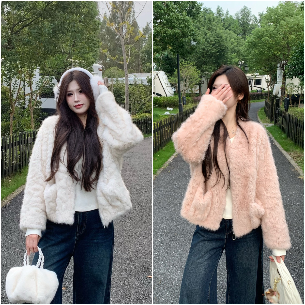 李潇洒【粉霓千金】微胖大码秋冬粉色皮毛一体V领短款外套