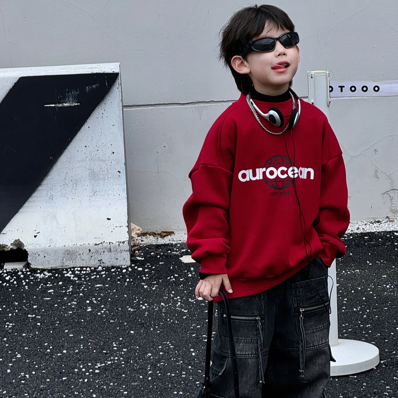 2025春秋新款韩版男童时尚百搭字母印花套头中大童加绒卫衣儿童潮