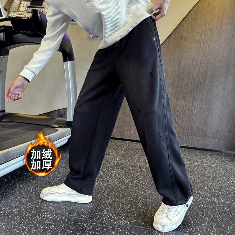 秋冬新款高级感男士加绒加厚裤子潮流时尚弯刀裤水洗复古直筒卫裤