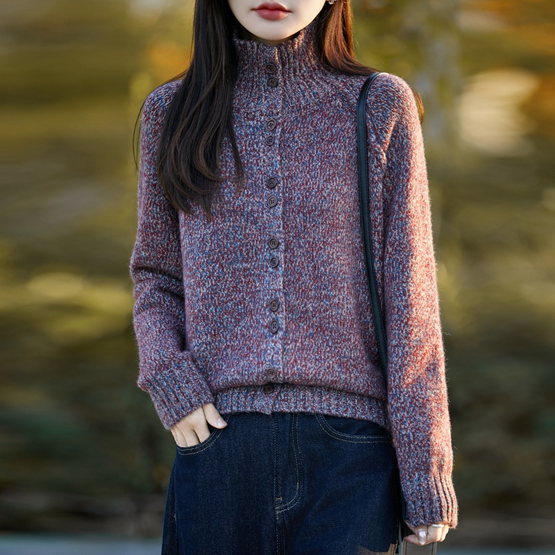 25秋冬新款花纱高领毛衣女加厚宽松羊毛针织开衫外套上衣时尚毛衣