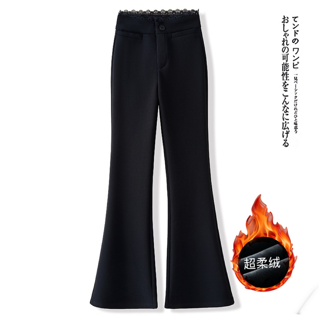 拉夏贝尔黑色蕾丝拼接微喇裤女秋冬季2025新款高腰修身加绒喇叭裤