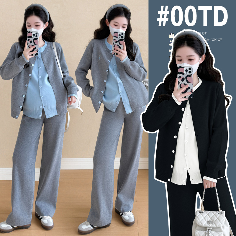 孕妇装时尚设计感外穿撞色圆领假两件长袖上衣阔腿裤孕妇针织套装