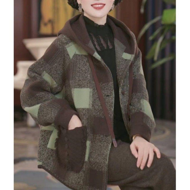 时尚妈妈秋冬双面绒新款格子外套宽松中老年连帽开衫休闲毛呢上衣