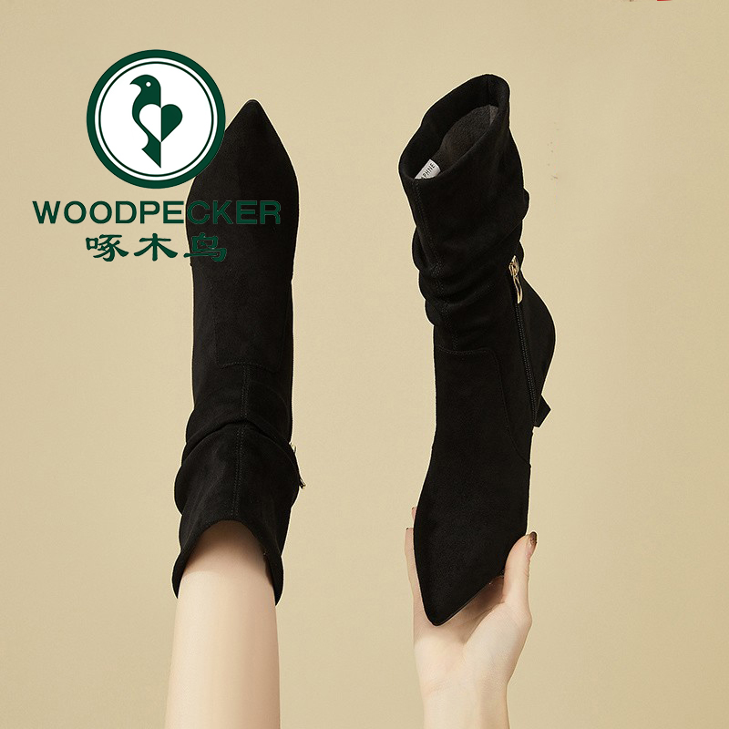 啄木鸟中筒靴女靴子秋冬新款侧拉链尖头短靴高跟鞋绒面堆堆靴鞋子