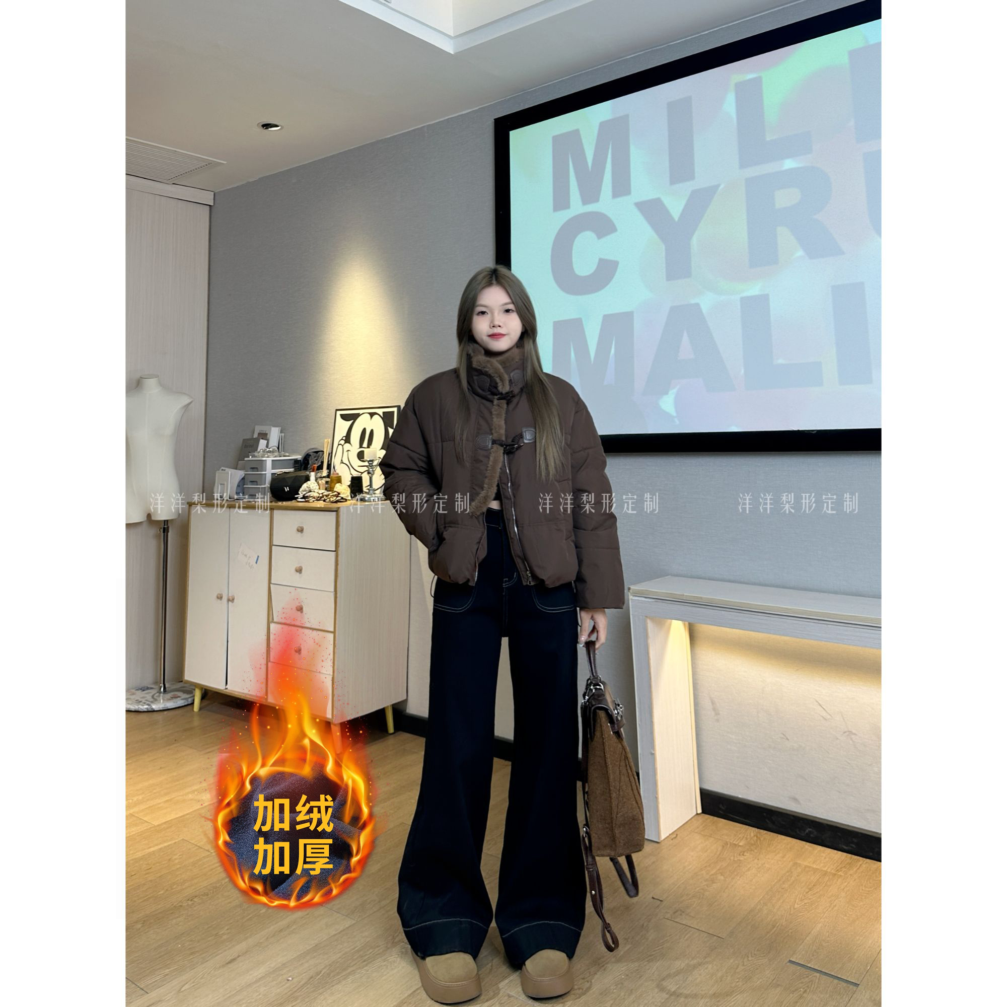 R1001#加绒加厚冬季大码高腰牛仔裤女秋季宽松显瘦微喇阔腿拖地裤