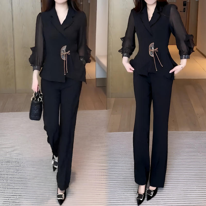 时尚套装女2025春秋新款时髦洋气国风上衣微喇叭裤显瘦气质两件套