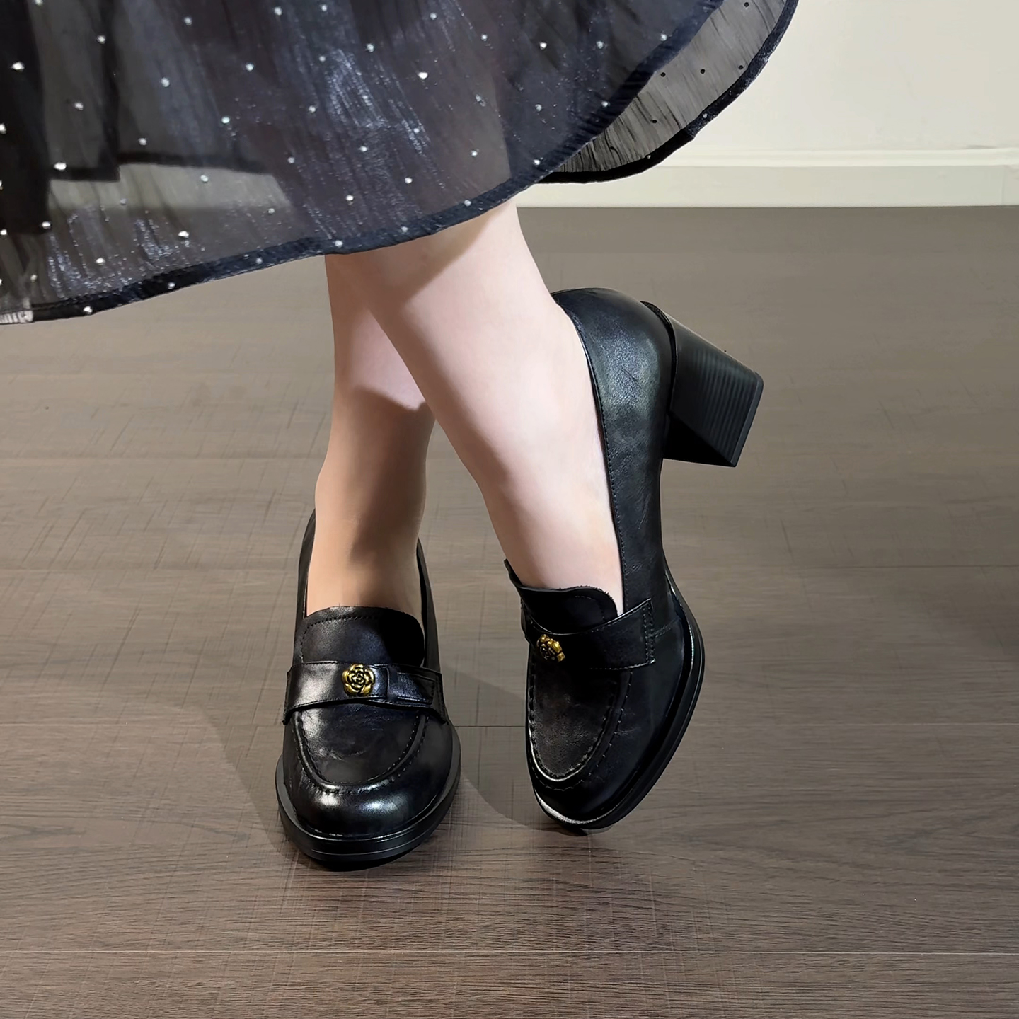 7cm/2678牛皮粗跟圆头一脚蹬春秋乐福鞋复古高跟深口单鞋真皮女鞋