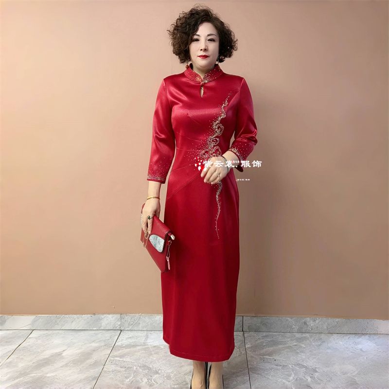 高端喜婆婆婚宴装显瘦旗袍新款婚礼妈妈礼服修身洋气连衣裙