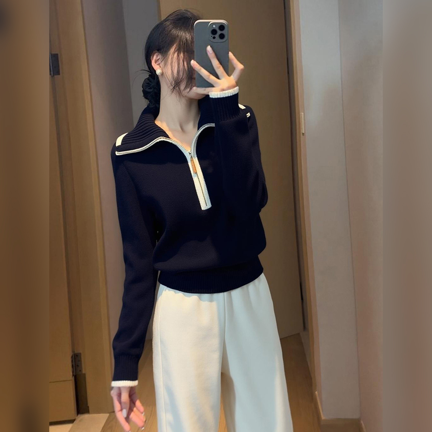 设计感撞色半拉链针织衫慵懒百搭长袖毛衣2025冬季减龄时髦打底衫