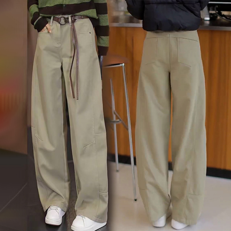 拉夏贝尔卡其色加绒阔腿弯刀裤女秋冬2025新款高腰加厚工装直筒裤