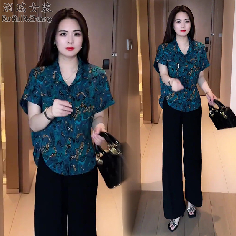 气质休闲风套装夏季夏装雪纺衫碎花减龄衬衫不起球遮肚两件套妈妈