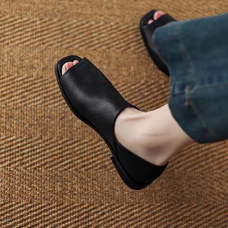 巨软羊皮鱼嘴乐福鞋女春夏平底露趾罗马凉鞋黑色软底懒人单鞋