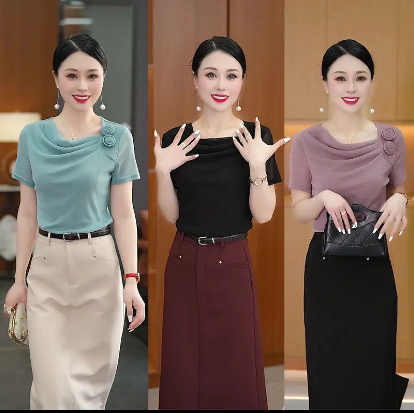 春夏新款短袖T恤修身显瘦堆堆领小衫洋气时尚花朵短袖网纱女打底