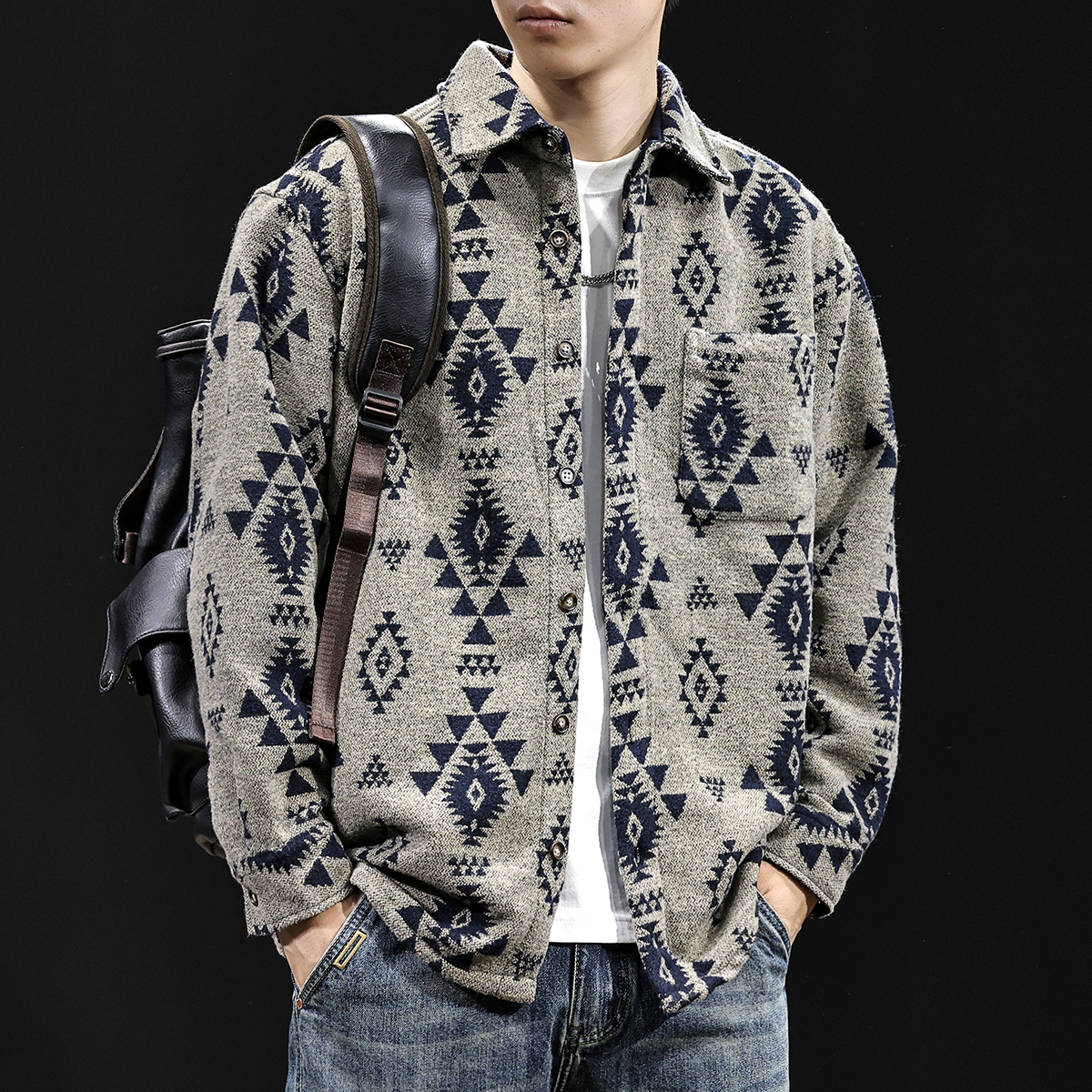 美式重磅仿羊毛提花衬衫男秋季高级感痞帅休闲外套宽松长袖衬衣男