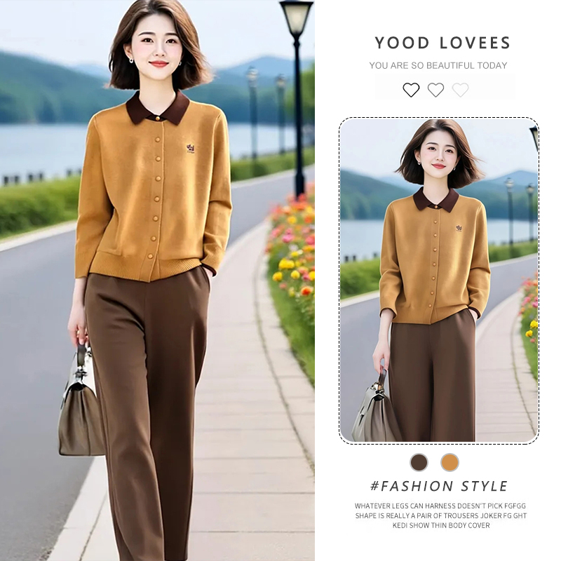 韩版简约女装通勤设计感春秋洋气时尚翻领针织衫搭直筒裤两件套装