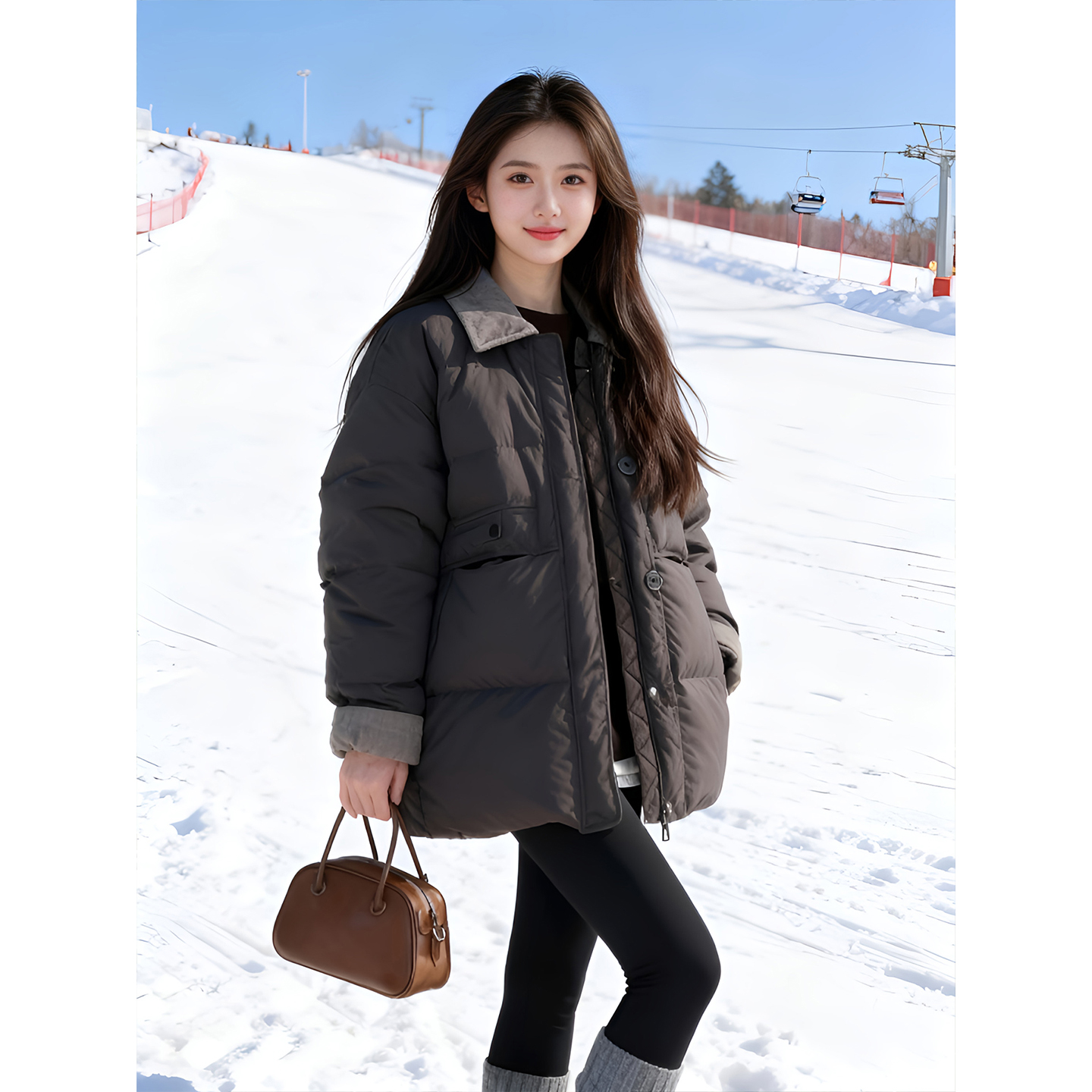 2025冬季新款时尚撞色翻领单排扣棉服女宽松加厚保暖中长款棉衣
