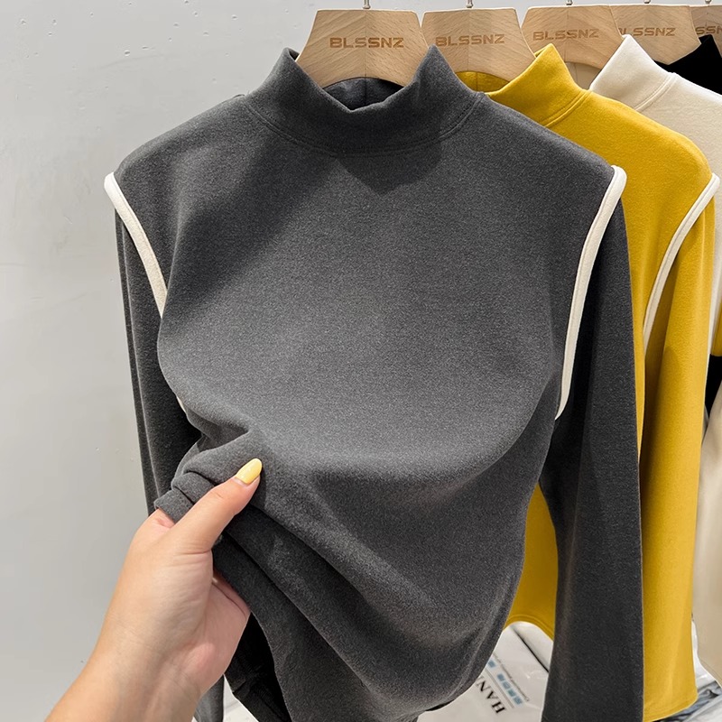 半高领德绒打底衫女内搭秋冬季洋气衣服上衣撞色双面磨毛长袖t恤