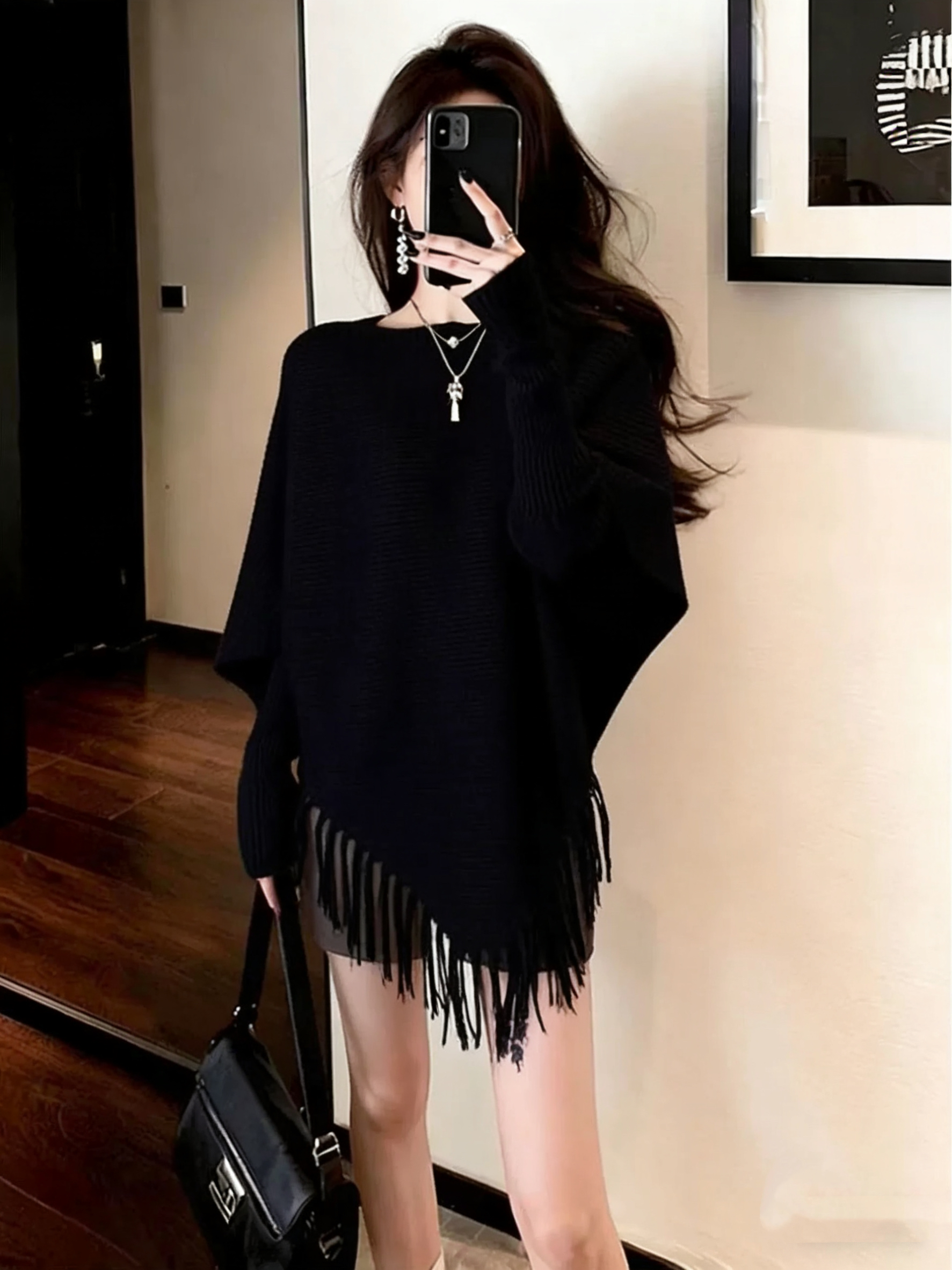 Z316设计感女不规则宽松流苏冬季韩版毛衣慵懒风针织上衣秋冬新款