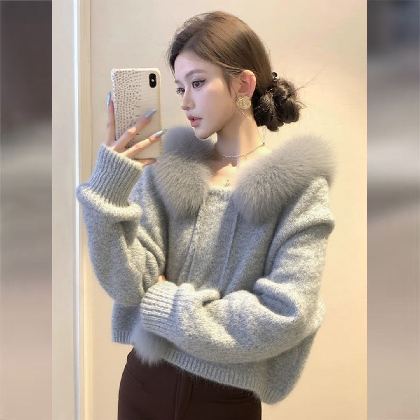 灰色可拆卸毛领针织衫女冬季新款独特漂亮软糯巨好看的小个子上衣