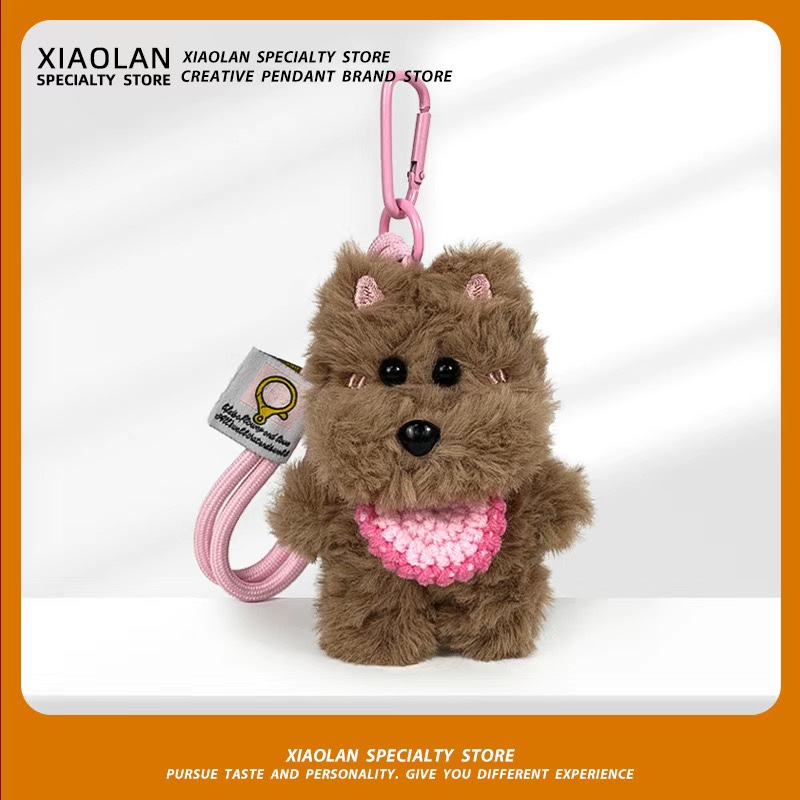 毛绒西高地小狗包挂件手工钩织迷你围兜口水巾狗狗玩偶