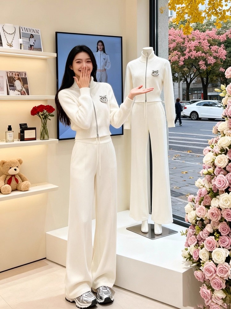 冬装搭配一整套小香风高级感穿搭黑色翻领毛衣高腰微喇裤两件套女