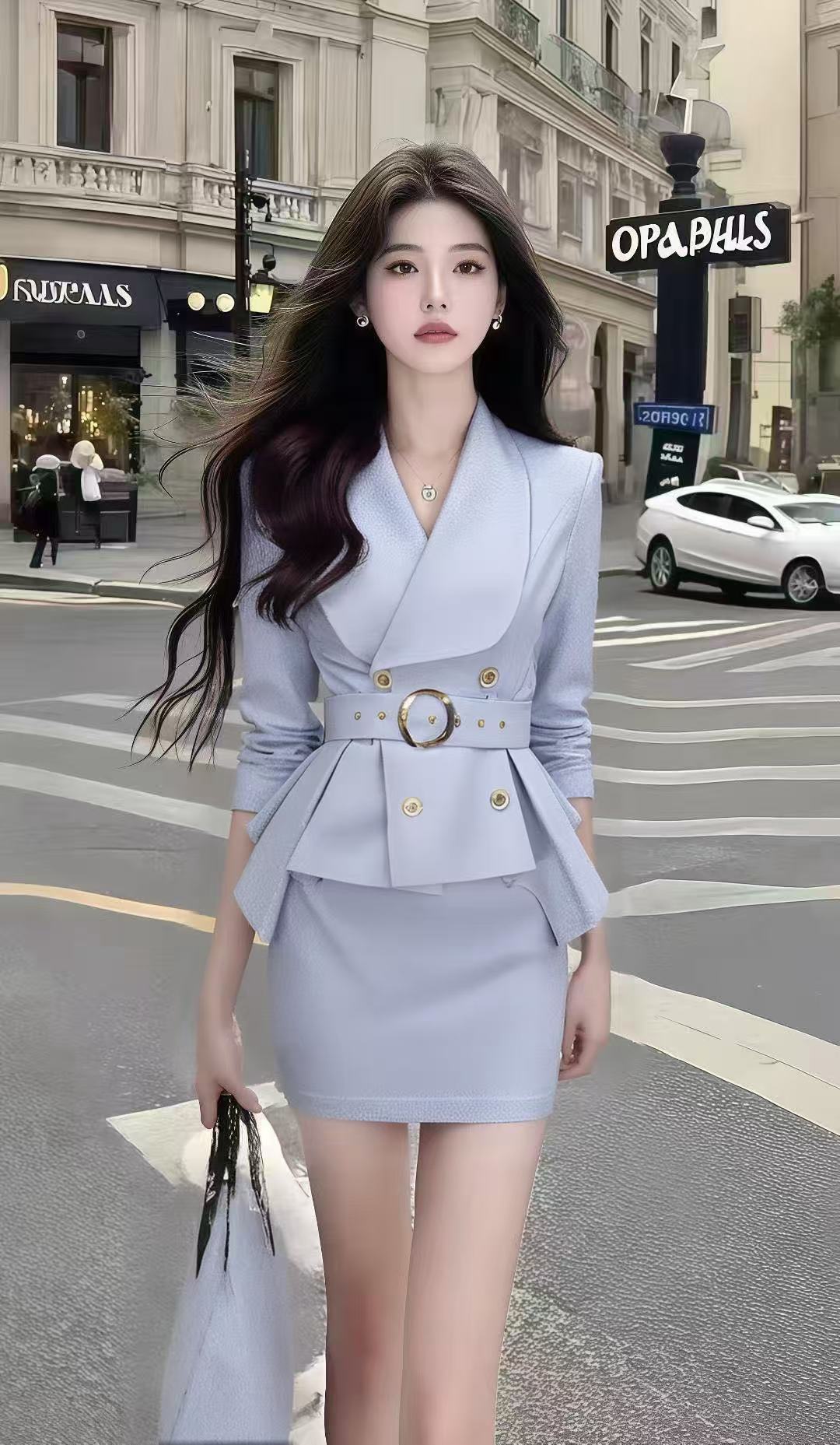 轻奢高端气质显瘦轻熟知性风淡蓝色V领长袖修身收腰包臀连衣裙女