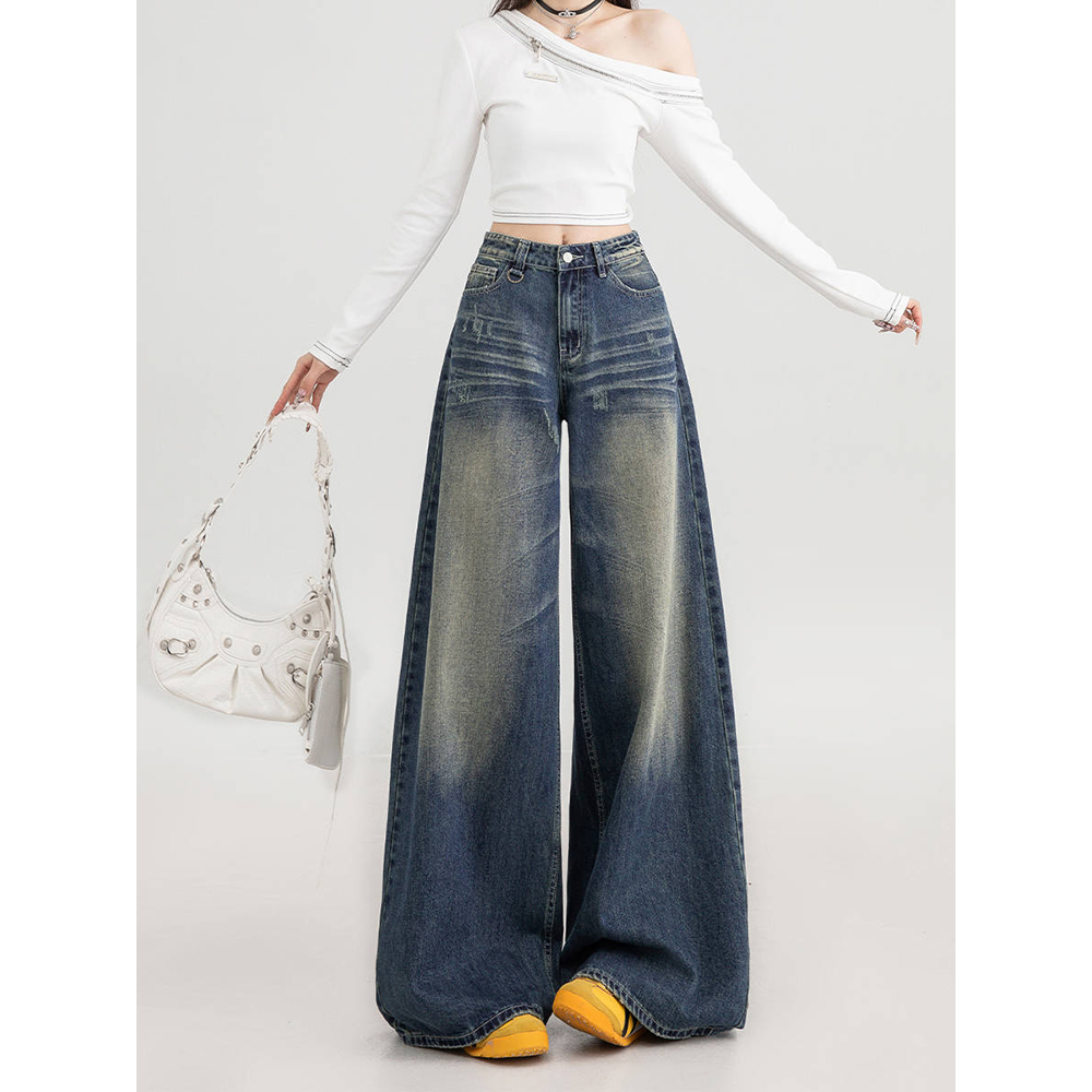 美式复古怀旧蓝阔腿牛仔裤女秋季新款高腰宽松显瘦直筒拖地裤子潮