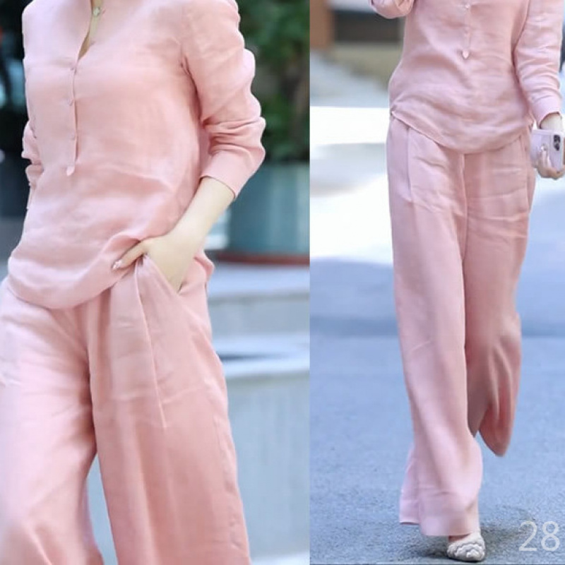 穿搭一整套粉色棉麻套装御姐轻熟风时尚高端衬衫两件套夏装