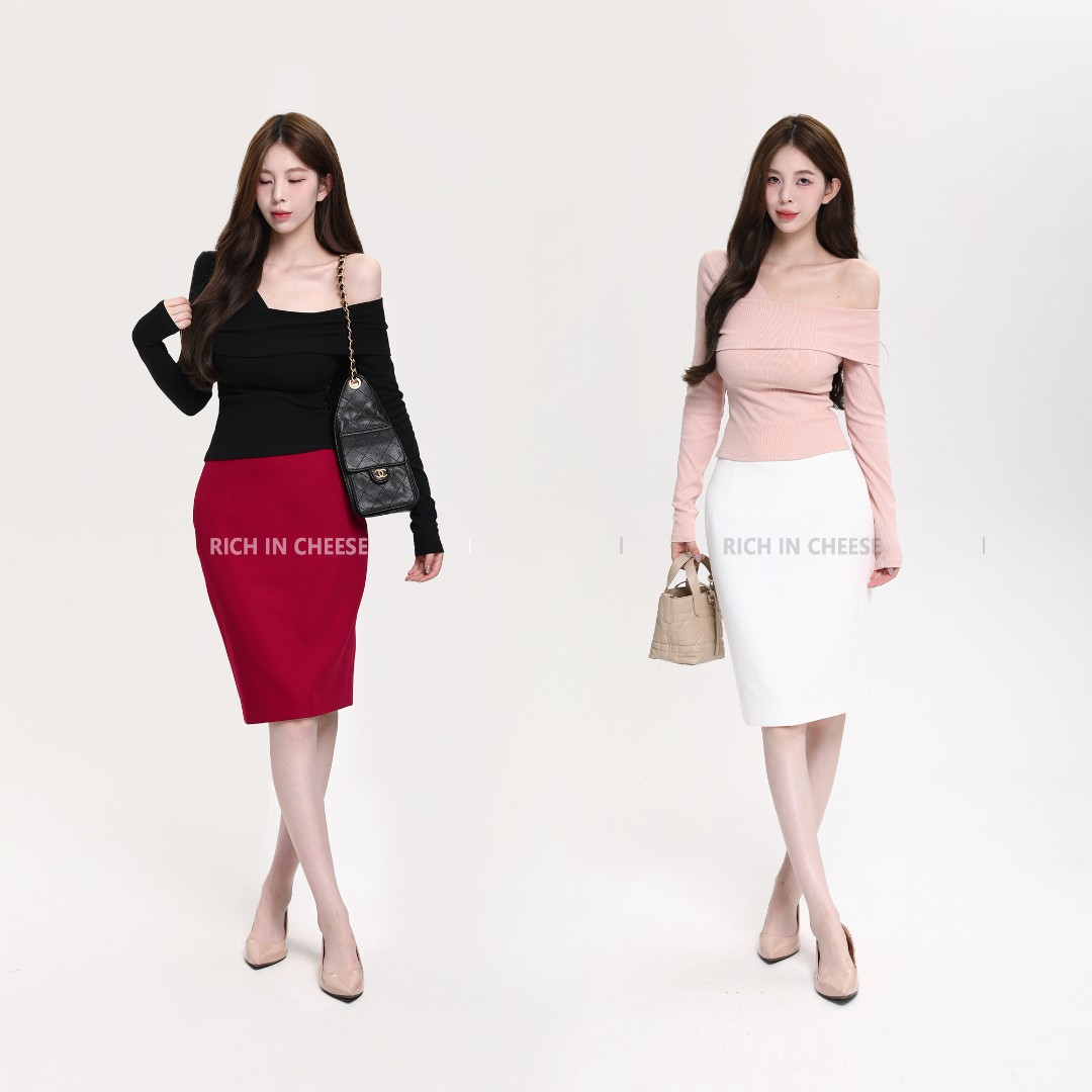 舒胡蕾 顶御气质 气质韩系斜肩小众露锁骨弹力针织长袖上衣T恤