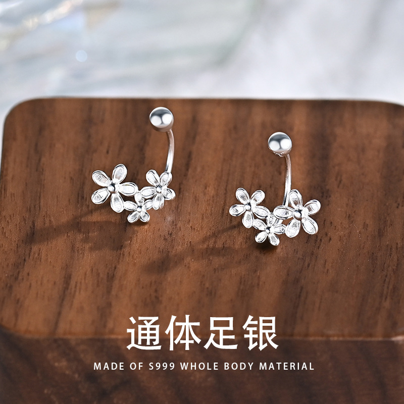 足银耳饰 S999足银花朵耳钉女时尚百搭简约耳环小清新可爱养耳洞