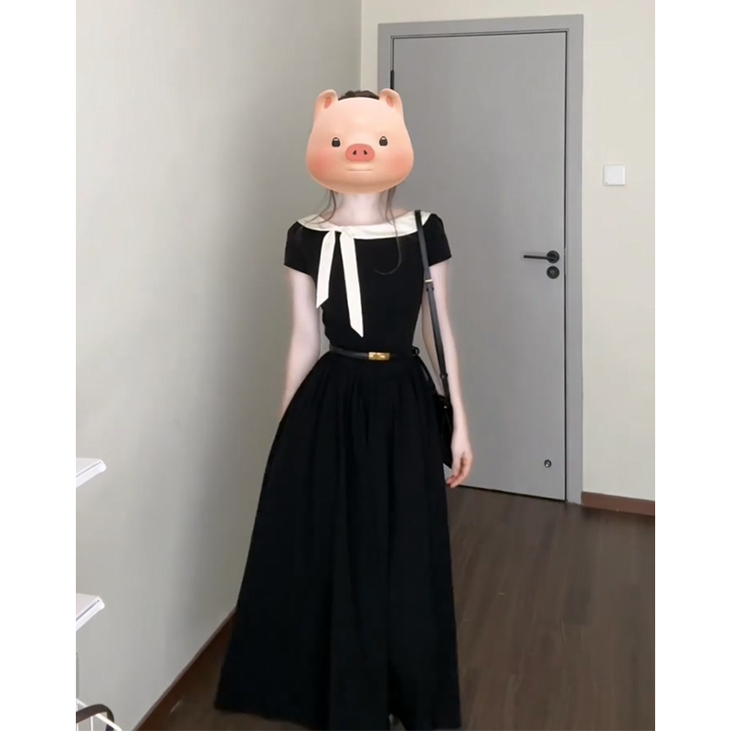 连衣裙女2025夏季新款法式气质蝴蝶结圆领短袖收腰显瘦中长款裙子