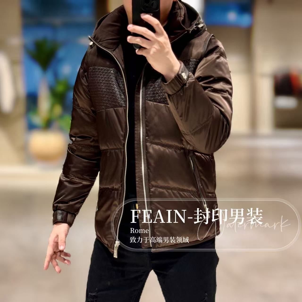 【可拆卸袖臂】高端绵羊皮手工编织手臂可拆卸男士羽绒服8065