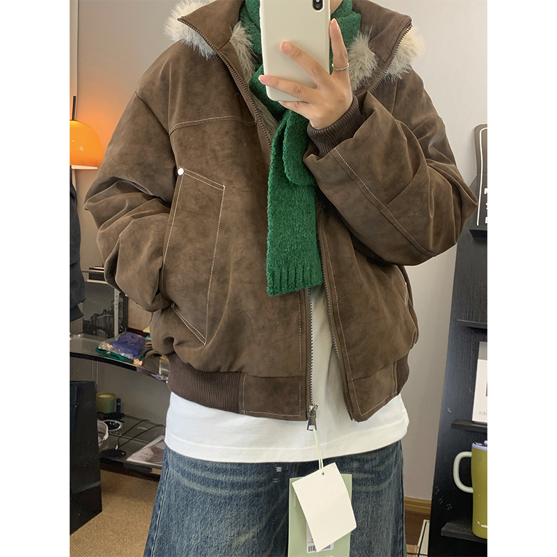 冬季座山雕荔枝纹PU皮情侣皮衣棉服外套加厚保暖帅气美式复古棉衣