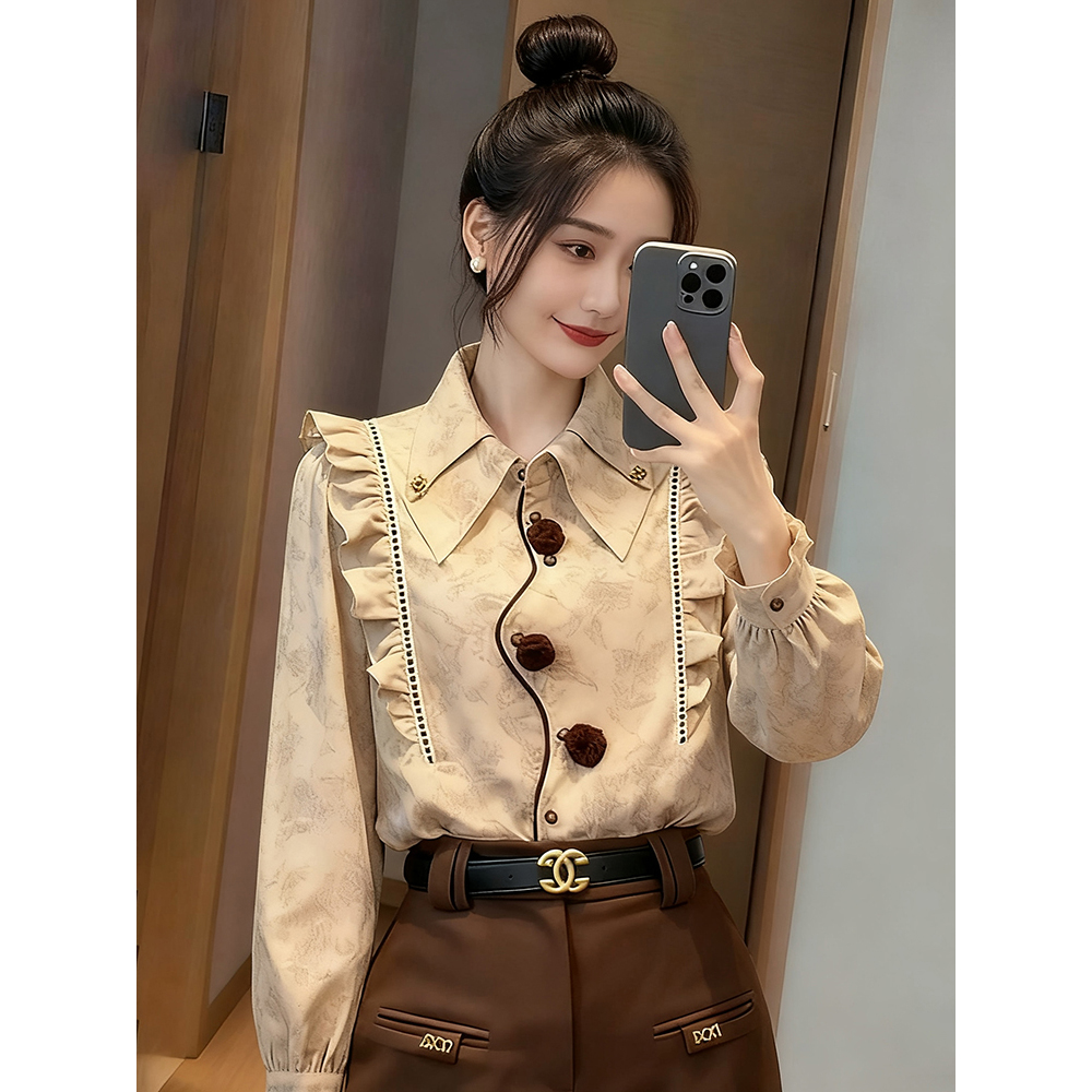 港风复古木耳边衬衫女士秋冬高级感减龄宽松显瘦洋气内搭叠穿上衣