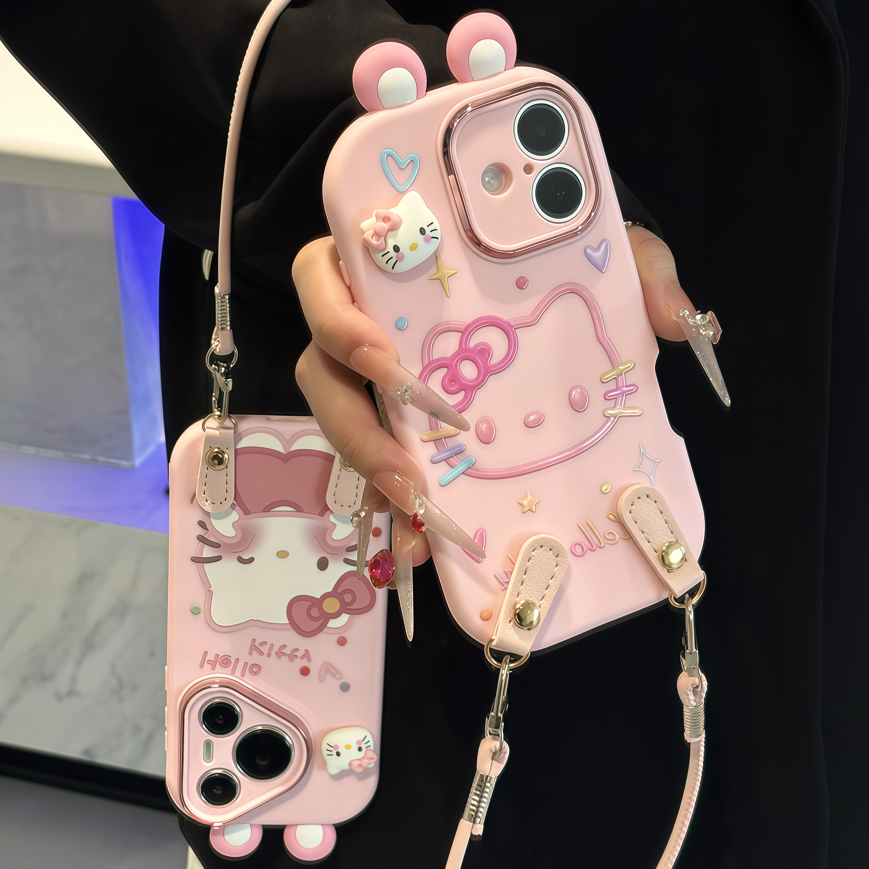 少女粉kitty耳朵挂绳适用17苹果16手机壳iPhone15小米vivoppo华为