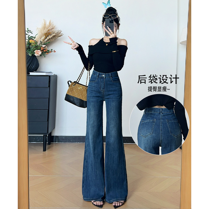 乔栈秋季新款气质复古不贴腿微喇牛仔裤女高腰遮肉显瘦设计感喇叭