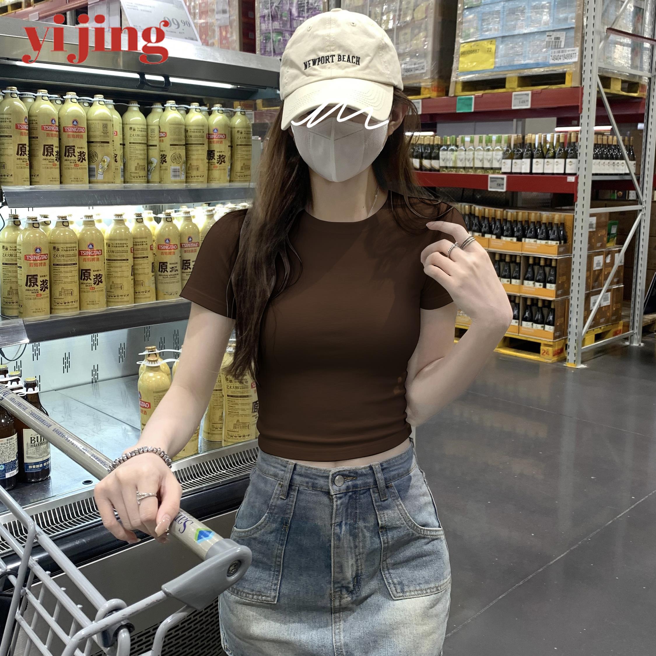 基础款正肩辣妹短袖T恤女夏季新款修身显瘦短款小个子上衣ins潮