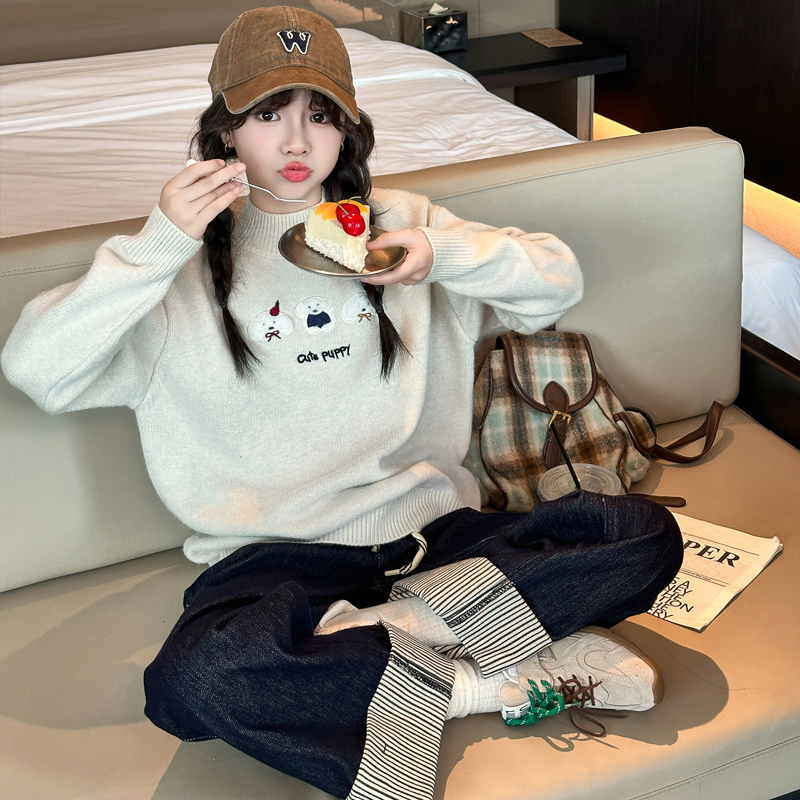 女童秋冬装毛衣2025秋季新款洋气中大童宽三只小狗圆领毛衣T251