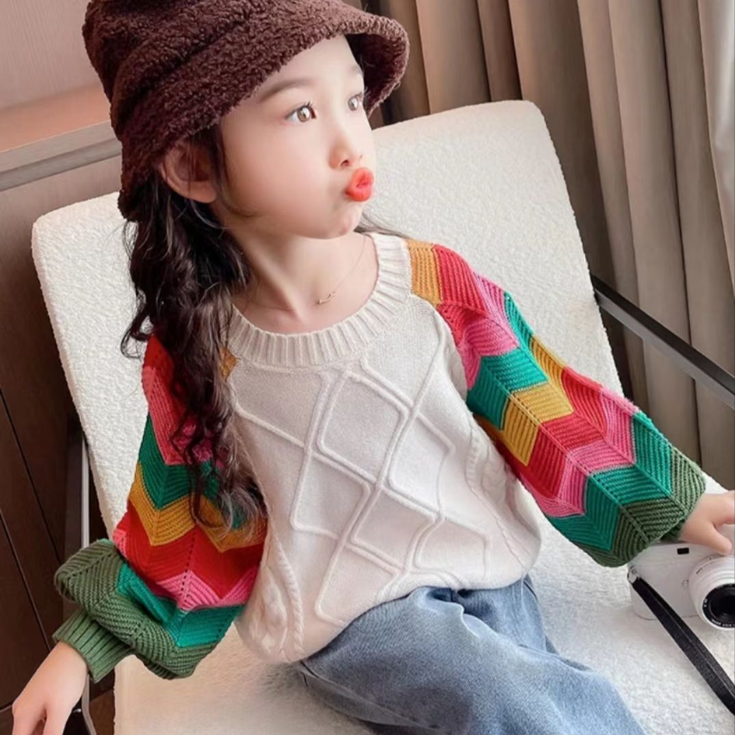 班喜迪【断码】彩虹袖女童加厚针织2025秋冬季新款宝宝氧气毛衣外