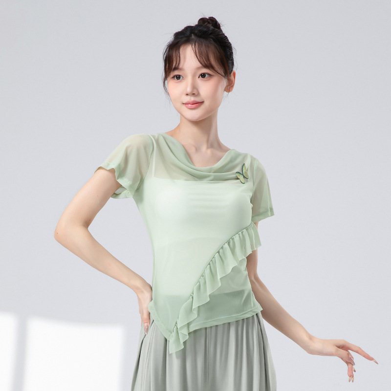 古典舞蹈服女身韵一字领荷叶边上衣中国舞现代舞形体服练功服纱衣