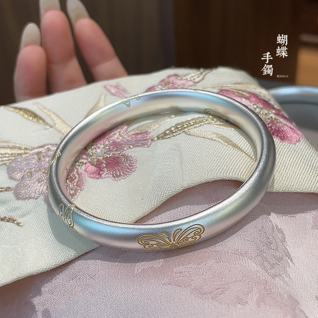 足银手镯 泥鳅背足银999.9传承柔光手镯女实心镯子蝴蝶古法七夕