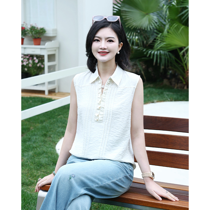 阿楠anan 云卷云舒 纯色翻领百搭无袖衬衫女春季新款木耳边上衣