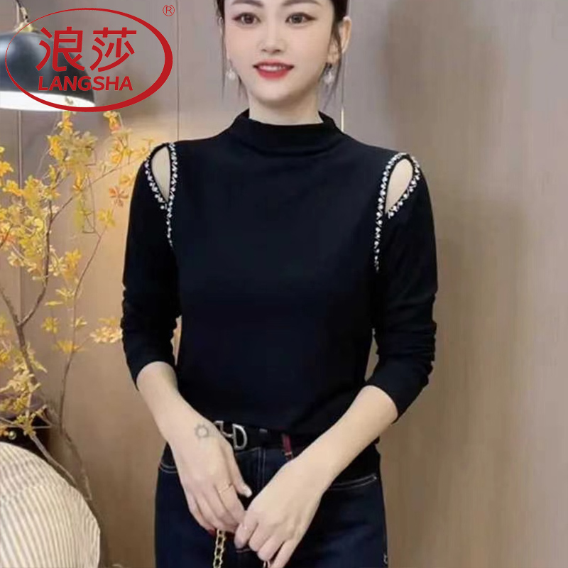 浪莎新款镂空烫钻半高领显瘦长袖上衣德绒洋气秋冬修身T恤女款