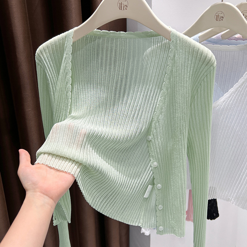 绿色v领防晒长袖短款外套2025夏季新款独特设计薄款宽松针织开衫