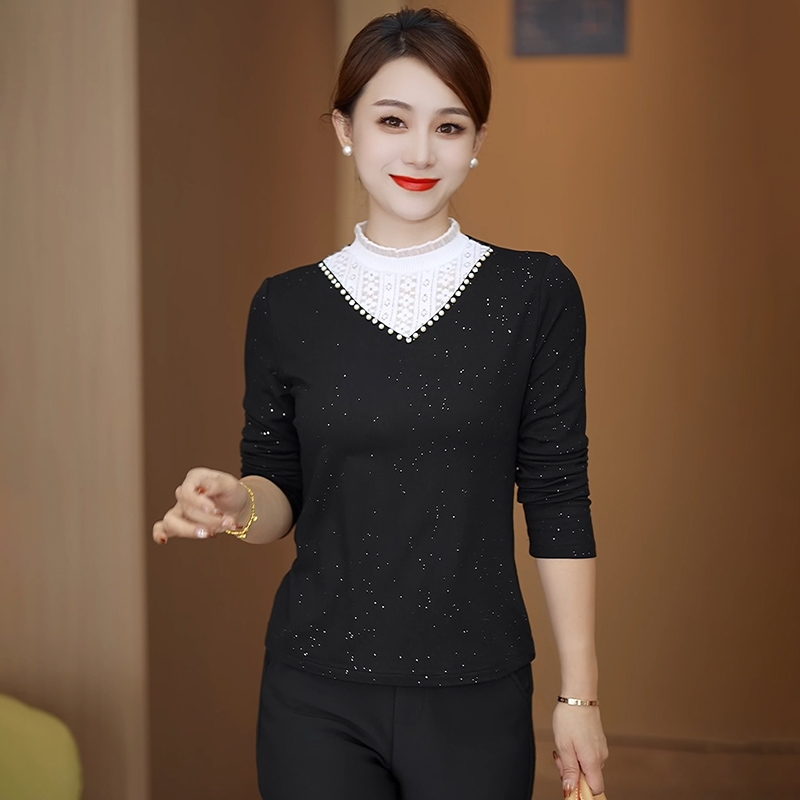 加绒半高领长袖女T恤打底衫女秋冬2025新款蕾丝拼接上衣内搭小衫